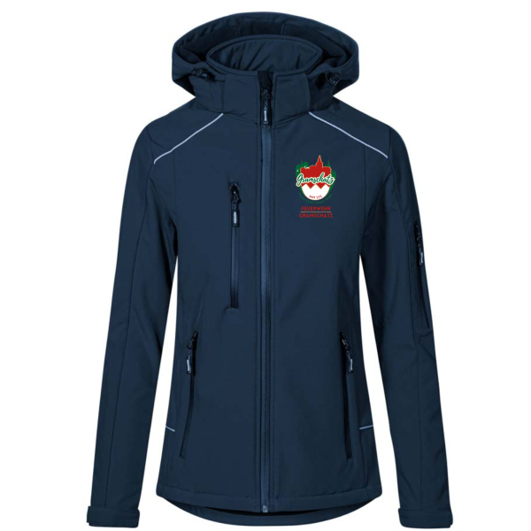 Damen Softshell Jacke Navyblau mit Kapuze und Logos